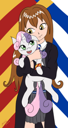 Size: 1976x3717 | Tagged: safe, artist:annonymouse, sweetie belle, oc, oc:zwei gemini, human, pony, unicorn, crossover, fanfic art, female, filly, foal, gryffindor, harry potter (series), high res, holding a pony, hug, hugging a pony, human oc, one ear down, open mouth, open smile, ravenclaw, smiling