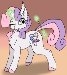 Size: 4559x5058 | Tagged: safe, artist:annonymouse, sweetie belle, pony, unicorn, g4, absurd resolution, alternate cutie mark, alternate universe, colored hooves, fanfic art, female, filly, foal, glowing, glowing horn, gradient background, horn, magic, magic wand, one eye closed, open mouth, smiling, solo, telekinesis