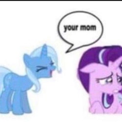 Size: 941x946 | Tagged: safe, edit, starlight glimmer, trixie, pony, unicorn, g4, crying, duo, female, insult, mare, meme, needs more jpeg, shitposting, simple background, text, white background, your mom