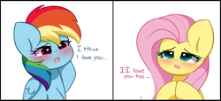Size: 8143x3708 | Tagged: safe, artist:kittyrosie, fluttershy, rainbow dash, pegasus, pony, g4, absurd resolution, blushing, confession, cute, dashabetes, female, folded wings, hooves together, i love you, lesbian, open mouth, ship:flutterdash, shipping, shyabetes, simple background, text, weapons-grade cute, white background, wings
