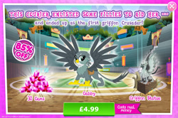 Size: 1958x1298 | Tagged: safe, gameloft, gabby, griffon, g4, my little pony: magic princess, official, advertisement, claws, costs real money, english, female, gem, introduction card, mobile game, numbers, sale, solo, spread wings, statue, text, wings