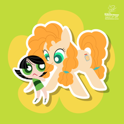 Size: 1920x1920 | Tagged: safe, artist:theratedrshimmer, pear butter, earth pony, pony, g4, buttercup, buttercup (powerpuff girls), crossover, curly hair, cute, duo, duo female, female, flower, looking at someone, minimalist, name pun, namesake, outline, pun, smiling, the powerpuff girls, visual pun, white outline