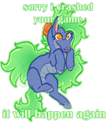 Size: 640x724 | Tagged: safe, artist:ombekende, baihe (tfh), dragon, hybrid, longma, them's fightin' herds, baihbetes, bronybait, community related, fiery wings, fire, green fire, mane of fire, puppy dog eyes, scar, simple background, solo, tail, tail of fire, text, this will end in tears, transparent background, what could possibly go wrong, wings