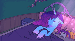Size: 862x470 | Tagged: safe, artist:kreeeeeez, misty brightdawn, pony, unicorn, g5, animated, bed, blanket, breathing, cornrows, cute, ear fluff, eyes closed, female, floppy ears, freckles, gif, in bed, lying down, mare, misty's comfort bunnycorn, mistybetes, on back, open mouth, pillow, plushie, rebirth misty, sleeping, snoring, solo, unshorn fetlocks