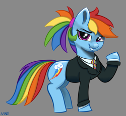 Size: 1301x1200 | Tagged: safe, artist:maonyman, rainbow dash, pegasus, pony, g4, business suit, clothes, drawthread, female, gray background, looking at you, mare, necktie, ponytail, raised hoof, shading, simple background, smiling, smirk, smug, solo, suit