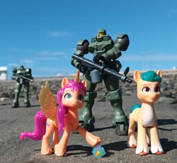 Size: 935x855 | Tagged: safe, artist:dingopatagonico, hitch trailblazer, sunny starscout, alicorn, earth pony, g5, bandai, gundam wing, leo mobile suit, photo, toy