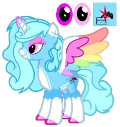 Size: 502x530 | Tagged: safe, oc, oc only, oc:jemima sparkle, oc:jemimasparkle, alicorn, pony, g4, alicorn oc, coat markings, colored eartips, colored hooves, colored wings, facial markings, female, heterochromia, hoof polish, horn, mare, mealy mouth (coat marking), multicolored wings, pale belly, pink eyes, rainbow wings, reference sheet, simple background, socks (coat markings), solo, spread wings, standing, transparent background, wings