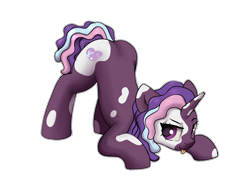 Size: 4000x3000 | Tagged: safe, artist:dumbwoofer, violette rainbow, pony, unicorn, g5, :p, dreadlocks, ear fluff, face down ass up, female, filly, foal, looking at you, simple background, solo, tongue out, transparent background, vitiligo