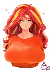Size: 1400x2000 | Tagged: safe, artist:sozglitch, sunset shimmer, human, g4, big breasts, blush lines, blushing, breasts, bust, busty sunset shimmer, eye clipping through hair, female, floating heart, heart, huge breasts, humanized, looking at you, simple background, smiling, smiling at you, solo, white background
