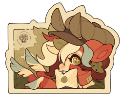 Size: 1872x1516 | Tagged: safe, artist:gryboolya, oc, oc only, oc:snaily mail, pegasus, pony, clothes, female, hat, leaves, leaves in hair, mare, newsboy hat, simple background, solo