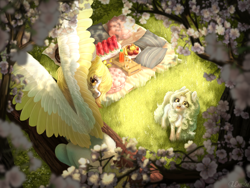 Size: 4000x3000 | Tagged: safe, artist:unt3n, oc, earth pony, pegasus, pony, cherry blossoms, duo, flower, flower blossom, food, fruit, looking up, open mouth, picnic, picnic blanket, spread wings, watermelon, wings