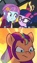 Size: 647x1105 | Tagged: safe, edit, edited screencap, screencap, sci-twi, sunny flare, sunny starscout, twilight sparkle, alicorn, human, pony, equestria girls, g4, g5, mission imponable, my little pony equestria girls: friendship games, my little pony: tell your tale, spoiler:g5, spoiler:my little pony: tell your tale, spoiler:tyts01e49, angry, bully, bullying, cute, defending, glasses, mane stripe sunny, meme, namesake, pun, race swap, sunny and her heroine, sunny starscout is not amused, sunny starscout vs sunny flare, sunnybetes, sunnycorn, twilight sparkle is not amused, unamused, visual pun