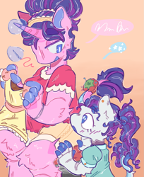 Size: 1289x1577 | Tagged: safe, artist:tottallytoby, cookie crumbles, rarity, unicorn, anthro, g4, alternate hairstyle, arm fluff, blue eyes, blue hair, blushing, cheek fluff, clothes, colored eyebrows, colored horn, colored pinnae, curly hair, dress, duo, duo female, ear fluff, ear piercing, earring, eye clipping through hair, eyebrows, eyebrows visible through hair, female, filly, filly rarity, foal, glowing, glowing horn, gradient background, hair bun, headband, holding, hoof hands, horn, jewelry, leg fluff, leonine tail, lidded eyes, looking at each other, looking at someone, looking down, magic, mare, mother and child, mother and daughter, multicolored hair, multicolored tail, neck fluff, open mouth, open smile, piercing, ponytail, purple blush, purple mane, purple tail, sewing, shirt, shorts, sitting, smiling, speech bubble, starry eyes, stars, tail, talking, telekinesis, wingding eyes, younger