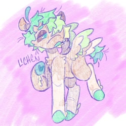Size: 956x961 | Tagged: safe, artist:tottallytoby, oc, oc only, oc:lichen, pegasus, pony, beanbrows, chest fluff, coat markings, colored eyebrows, colored hooves, colored sclera, colored wings, colored wingtips, eyebrows, fetlock tuft, green mane, green tail, hair over one eye, hoof heart, leg fluff, lidded eyes, multicolored mane, multicolored tail, open mouth, pegasus oc, ponysona, raised hooves, short mane, short tail, socks (coat markings), solo, standing, tail, teal eyes, two toned wings, underhoof, wingding eyes, wings