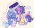 Size: 1192x992 | Tagged: safe, artist:lichenbug, trixie, twilight sparkle, unicorn, anthro, g4, alternate design, alternate hair color, alternate hairstyle, arm fluff, blue blush, blue hair, blue tail, blushing, button-up shirt, cheek fluff, clothes, coat markings, colored eartips, colored horn, crossed arms, curved horn, dress shirt, duo, duo female, ear fluff, eyebrows, eyebrows visible through hair, facial markings, fangs, female, finger hooves, hair bun, height difference, horn, leonine tail, lesbian, lidded eyes, mare, narrowed eyes, open mouth, open smile, pink background, pink eyes, purple blush, raised hand, ship:twixie, shipping, shirt, short tail, simple background, smiling, speech bubble, stripe (coat marking), sweater vest, tail, tail fluff, teeth, thinking, tied hair, twilight sparkle is not amused, two toned hair, two toned tail, unamused, unicorn twilight, wingding eyes