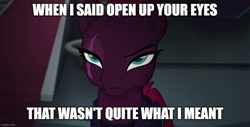 Size: 983x500 | Tagged: safe, edit, edited screencap, screencap, tempest shadow, g4, my little pony: the movie, caption, image macro, imgflip, open up your *very* eyes, tempest shadow is not amused, text, unamused