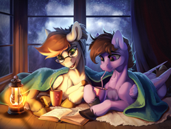 Size: 4000x3000 | Tagged: safe, artist:mithriss, oc, oc only, oc:luck, pegasus, pony, accessory, bendy straw, blanket, book, cozy, cup, drink, drinking, drinking straw, duo, evening, glasses, lamp, lantern, lying down, male, night, on side, pegasus oc, ponytail, prone, rain, reading, rug, smiling, stallion, straw, unshorn fetlocks, window