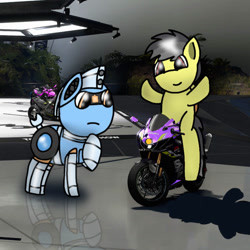 Size: 750x750 | Tagged: safe, artist:foxfer64_yt, oc, oc only, oc:silverstream (robot pony), original species, pegasus, pony, robot, robot pony, curious, looking at something, motorcycle, riding