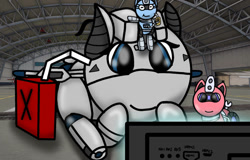 Size: 750x481 | Tagged: safe, artist:foxfer64_yt, oc, oc only, oc:silverstream (robot pony), oc:trackhead, oc:xn-37 needle, original species, plane pony, pony, robot, robot pony, drink, drinking, hangar, lying down, plane, prone, sitting, watching tv