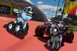 Size: 749x504 | Tagged: safe, artist:foxfer64_yt, oc, oc only, oc:jennifer silverado, oc:silverstream (robot pony), earth pony, monster pony, original species, pony, robot, robot pony, confident, floppy ears, monster, monster truck, scared