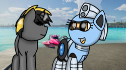 Size: 750x421 | Tagged: safe, artist:foxfer64_yt, oc, oc only, oc:kaia mahoe, oc:silverstream (robot pony), original species, pony, robot, robot pony, unicorn, boat, docks, looking at each other, looking at someone, ocean, smiling, water