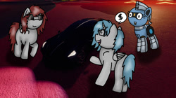 Size: 750x421 | Tagged: safe, artist:foxfer64_yt, oc, oc only, oc:kira (fl), oc:nara (fl), oc:silverstream (robot pony), alicorn, original species, pegasus, pony, robot, robot pony, amazed, car, night