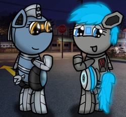 Size: 749x694 | Tagged: safe, artist:foxfer64_yt, oc, oc only, oc:acceron, oc:silverstream (robot pony), original species, pony, robot, robot pony, bipedal, butt, city, looking back, night