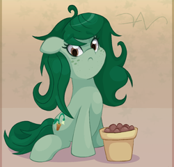 Size: 1250x1200 | Tagged: safe, artist:swasfews, wallflower blush, earth pony, pony, g4, :c, equestria girls ponified, eyebrows, eyebrows visible through hair, flower pot, frown, ponified, solo