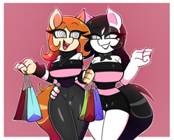 Size: 1280x1028 | Tagged: safe, artist:nelljoestar, oc, oc only, oc:copper moon, anthro, bag, big breasts, breasts, clothes, duo, duo female, female, hypnosis, open mouth, open smile, pants, pink background, shirt, shopping, shopping bag, shorts, simple background, smiling, striped shirt, swirly eyes