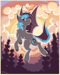 Size: 1959x2432 | Tagged: safe, artist:ezzerie, oc, oc only, oc:striking virdigris, bat pony, pony, cloud, flying, forest, nature, solo, sun, tree