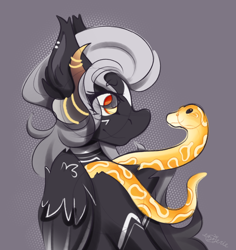 Size: 1294x1368 | Tagged: safe, artist:ezzerie, oc, oc:smolder, pegasus, pony, snake, halfbody, horns, jewelry, pet, ring, simple background, solo