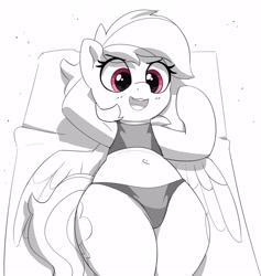 Size: 2450x2585 | Tagged: safe, artist:pabbley, rainbow dash, pegasus, pony, g4, armpits, beach, belly, belly button, bikini, chubby, clothes, female, grayscale, hind legs, hooves behind head, legs together, lying down, midriff, monochrome, on back, open mouth, open smile, partial color, simple background, smiling, solo, swimsuit, white background, wide hips
