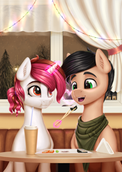 Size: 2894x4093 | Tagged: safe, artist:koshakevich, oc, oc:kosh, oc:vetta, earth pony, pony, unicorn, clothes, cup, curtains, food, garland, lamp, magic, napkin, rolls, scarf, snow, straw, table, telekinesis, tree, window