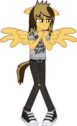 Size: 1672x2726 | Tagged: safe, artist:lightningbolt, derpibooru exclusive, human, equestria girls, g4, .svg available, alex gaskarth, all time low, belt, clothes, converse, crying, dyed hair, ear fluff, equestria girls-ified, floppy ears, frown, hands up, jeans, jewelry, lidded eyes, male, necklace, pants, ponied up, ripped jeans, ripped pants, sad, shirt, shoes, show accurate, simple background, solo, spread wings, svg, t-shirt, tail, torn clothes, transparent background, vector, wing fluff, wings