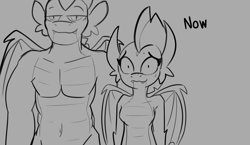 Size: 3777x2184 | Tagged: safe, artist:tjpones, smolder, spike, dragon, g4, adult, adult spike, belly button, breasts, dragoness, duo, featureless breasts, female, gray background, grayscale, growth, height difference, high res, lidded eyes, lizard breasts, looking at you, male, monochrome, nervous, nervous smile, nervous sweat, older, older spike, pecs, ship:spolder, shipping, simple background, sketch, smiling, straight, sweat, sweatdrops, text, winged spike, wings
