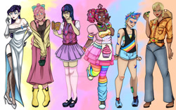 Size: 1280x804 | Tagged: safe, artist:squids.arts, applejack, fluttershy, pinkie pie, rainbow dash, rarity, twilight sparkle, human, g4, alternate hairstyle, apple, applejack's hat, apron, bandaid, belt, book, boots, bow, bracelet, choker, clothes, cowboy boots, cowboy hat, dark skin, denim, deviantart watermark, dress, ear piercing, earring, evening gloves, female, fishnet stockings, flannel, flats, food, freckles, glasses, gloves, hair bow, hat, high heels, humanized, jeans, jewelry, lip piercing, lipstick, long gloves, mane six, nail polish, necklace, necktie, obtrusive watermark, open mouth, pants, piercing, rain boots, rainbow socks, reading, shirt, shoes, shorts, skirt, sneakers, socks, sports bra, sports shorts, stockings, striped socks, tank top, thigh highs, vest, wall of tags, watering can, watermark, wellington boots