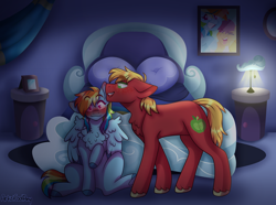 Size: 3252x2421 | Tagged: safe, artist:artistcoolpony, big macintosh, rainbow dash, scootaloo, earth pony, pegasus, pony, g4, bed, bedroom eyes, blanket, blushing, chest fluff, commission, duo, duo male and female, female, filly, flustered, foal, freckles, grin, heart, heart eyes, lamp, male, mare, open mouth, picture, picture frame, pillow, seductive, ship:rainbowmac, shipping, sitting, smiling, spread wings, stallion, straight, unshorn fetlocks, whispering, wingboner, wingding eyes, wings