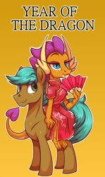 Size: 1928x3244 | Tagged: safe, artist:moonseeker, smolder, oc, oc:cyan sand, dragon, earth pony, pony, g4, chinese dress, chinese new year, clothes, dragoness, dress, duo, female, gradient background, male, stallion, year of the dragon