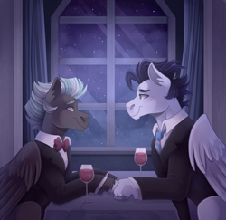 Size: 3500x3400 | Tagged: safe, artist:monnarcha, soarin', thunderlane, pegasus, pony, g4, clothes, date, duo, duo male, gay, glass, male, shipping, soarilane, stallion, suit, tuxedo, window, wine glass