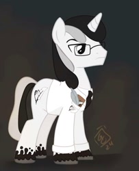 Size: 1361x1673 | Tagged: safe, artist:peech, oc, oc only, oc:quillian inkheart, pony, unicorn, cyberpunk, glasses, male, notepad, quill, science fiction, setting: neo somnambula, simple background, solo, stallion, tail, two toned coat, two toned mane, two toned tail, variant, white suit