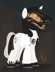 Size: 1304x1711 | Tagged: safe, artist:peech, oc, oc only, oc:quillian inkheart, pony, snake, unicorn, black mask, cyberpunk, egyptian, male, mask, notepad, quill, science fiction, setting: neo somnambula, simple background, solo, stallion, variant, white suit