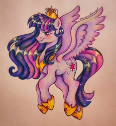 Size: 2710x2934 | Tagged: safe, artist:dariarchangel, twilight sparkle, alicorn, pony, g4, crown, element of magic, female, flying, jewelry, mare, princess, redesign, regalia, smiling, solo, sparkles, spread wings, traditional art, twilight sparkle (alicorn), wings