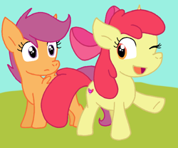 Size: 888x738 | Tagged: safe, artist:cmara, apple bloom, scootaloo, g4, apple bloom's bow, bow, duo, duo female, female, filly, foal, hair bow