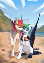 Size: 3200x4600 | Tagged: safe, artist:miurimau, oc, oc only, oc:casper, oc:silvia, original species, pegasus, pony, beach, belly, belly button, cheek kiss, coat markings, concave belly, duo, eyes closed, floating heart, heart, high res, hoof hold, hooves, horns, kissing, oc x oc, ocean, open mouth, pegasus oc, ribcage, shell, shipping, sitting, slender, socks (coat markings), spread wings, teeth, thin, unshorn fetlocks, water, wings