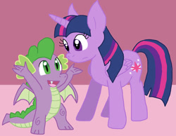 Size: 828x641 | Tagged: safe, artist:cmara, spike, twilight sparkle, alicorn, dragon, pony, g4, duo, duo male and female, female, male, twilight sparkle (alicorn), winged spike, wings