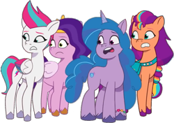 Size: 872x614 | Tagged: safe, edit, edited screencap, editor:pascalmulokozi2, screencap, izzy moonbow, pipp petals, sunny starscout, zipp storm, earth pony, pegasus, pony, unicorn, g5, my little pony: tell your tale, background removed, episode needed, female, group, not a vector, quartet, simple background, transparent background