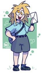 Size: 527x862 | Tagged: safe, artist:punkittdev, derpy hooves, human, g4, bag, blonde hair, clothes, derp, eye clipping through hair, eyebrows, eyebrows visible through hair, female, hand on hip, holding, humanized, letter, mail, mail carrier, mailbag, messenger bag, messy hair, no pupils, open mouth, open smile, pale skin, passepartout, polo shirt, shirt, shoes, shorts, simple background, smiling, solo, white background, yellow eyes