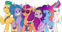 Size: 1748x900 | Tagged: safe, edit, edited screencap, editor:pascalmulokozi2, screencap, hitch trailblazer, izzy moonbow, misty brightdawn, pipp petals, sunny starscout, zipp storm, alicorn, earth pony, pegasus, pony, unicorn, g5, my little pony: tell your tale, snow business like show business, spoiler:g5, spoiler:my little pony: tell your tale, spoiler:tyts01e70, background removed, female, male, mane five, mane six (g5), mane stripe sunny, mare, not a vector, rebirth misty, royal sisters (g5), siblings, simple background, sisters, stallion, sunglasses, transparent background