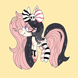 Size: 1024x1019 | Tagged: safe, artist:lovettebunny, earth pony, pony, chibi, clothes, deviantart watermark, female, mare, obtrusive watermark, simple background, socks, solo, striped socks, watermark, yellow background