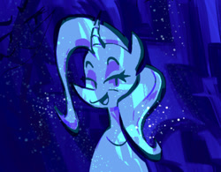 Size: 799x624 | Tagged: safe, artist:yl0w, trixie, pony, unicorn, g4, abstract background, blue background, blue coat, blue mane, bust, curved horn, eyelashes, female, horn, lidded eyes, limited palette, looking at you, mare, open mouth, open smile, purple eyes, smiling, solo, wavy mane